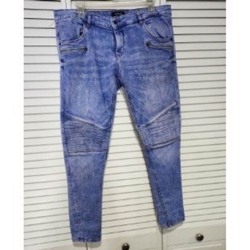 Splash Women Acid Wash Blue Moto Skinny Jeans Ribbed Knee Detail Size 32